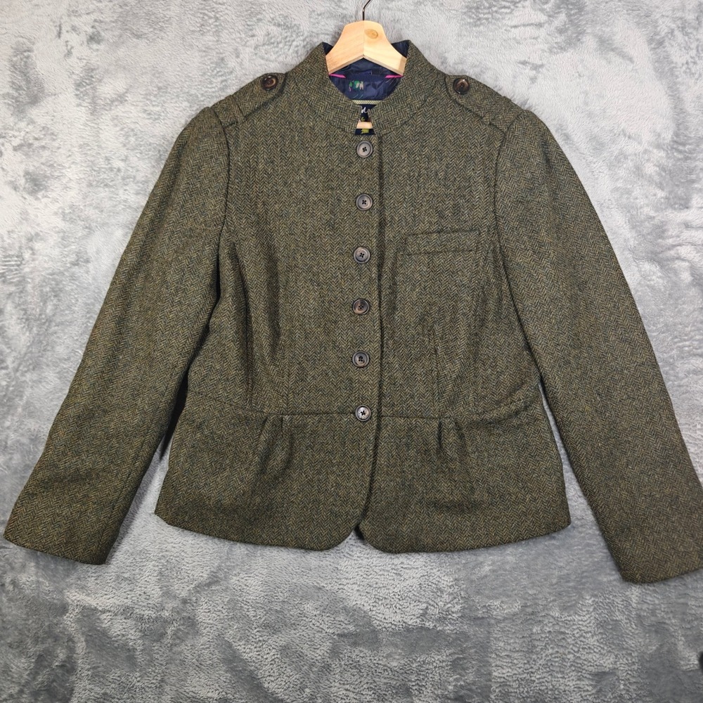 Boden British Tweed Moon Wool Jacket Green Herringbone Military Blazer Women 14